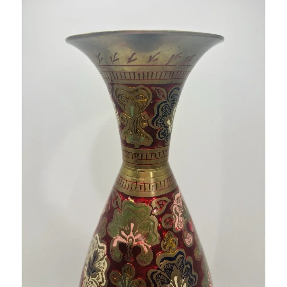 Vintage Indian Brass Vase Ornate Enameled Etched Floral Boho Red Green Gold